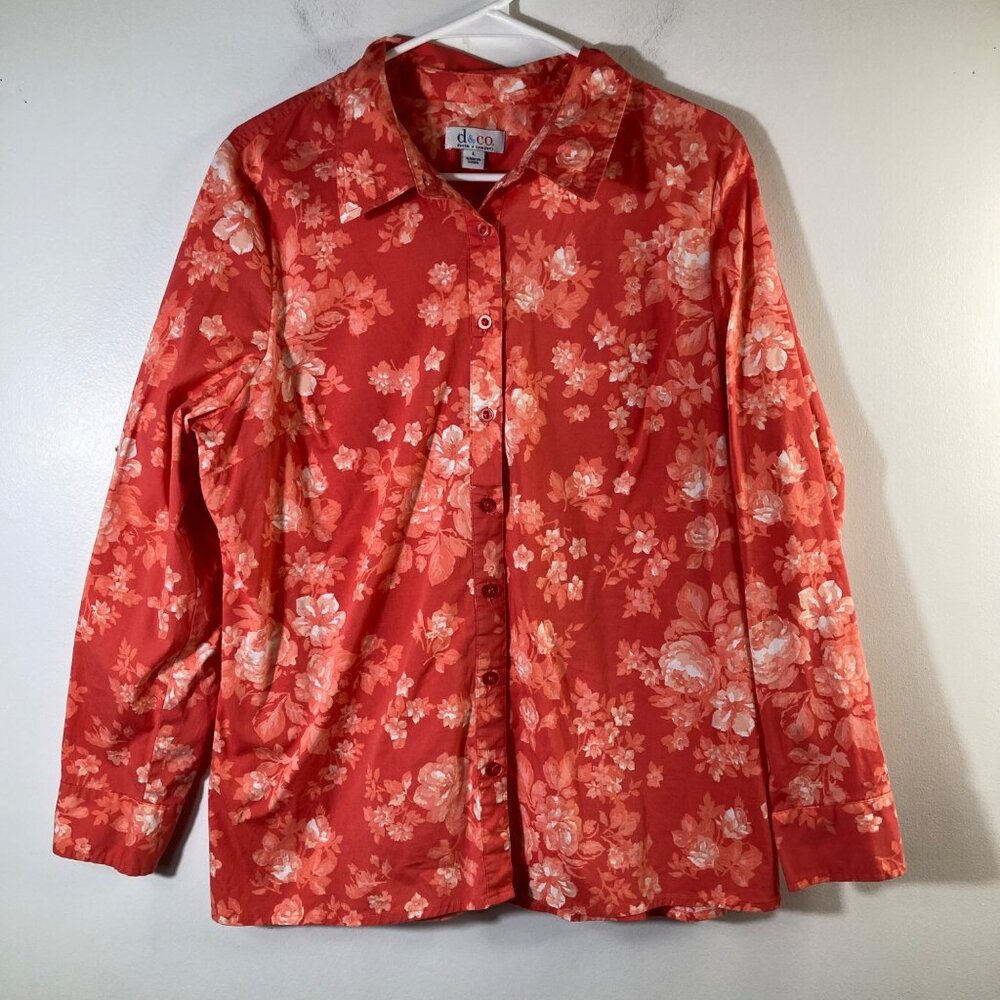 Womens D & Co Stretch Floral Button Shirt Long‎ Sleeve Orange L Cotton Spandex